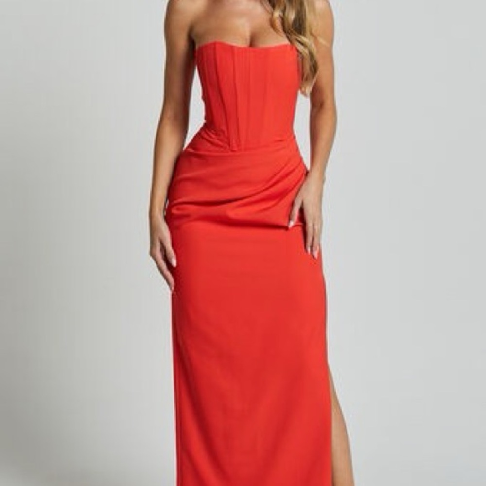 Showpo Red Strapless Ruched Slit Dress